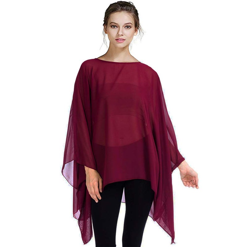Max Hsuan Womens Summer Solid Sheer Batwing Blouse Chiffon Caftan Poncho Tunic Top Plus Size Cover up Burgundy - Image 1